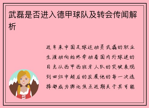 武磊是否进入德甲球队及转会传闻解析