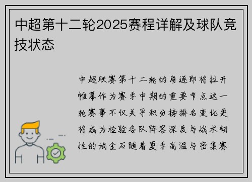 中超第十二轮2025赛程详解及球队竞技状态